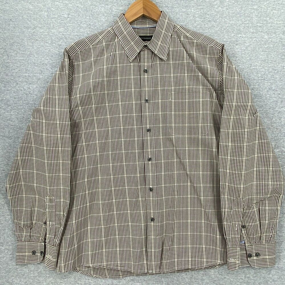 Tricots St Raphael Shirt Mens Large Button Up Brown Plaid Long Sleeve Collared